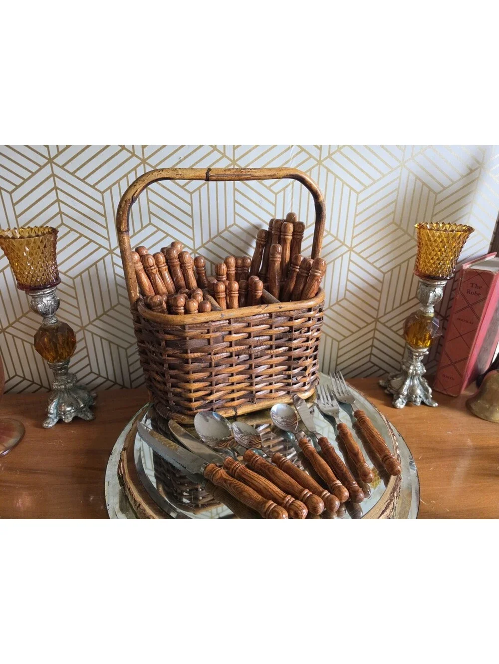 Vintage Lifetime Cutlery Old Homestead Wood Handle Flatware w Wicker Caddy 59pc